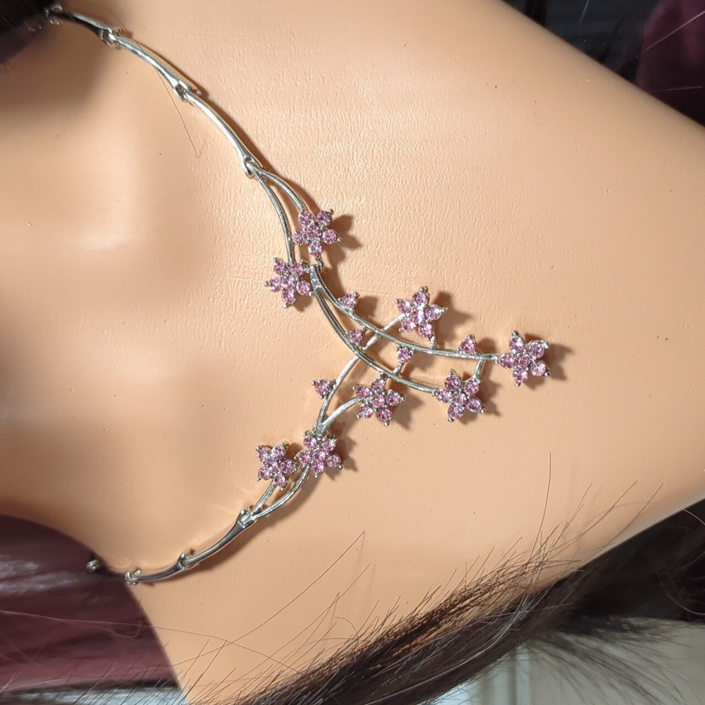 Pink Rhinestone Flower Spray Necklace